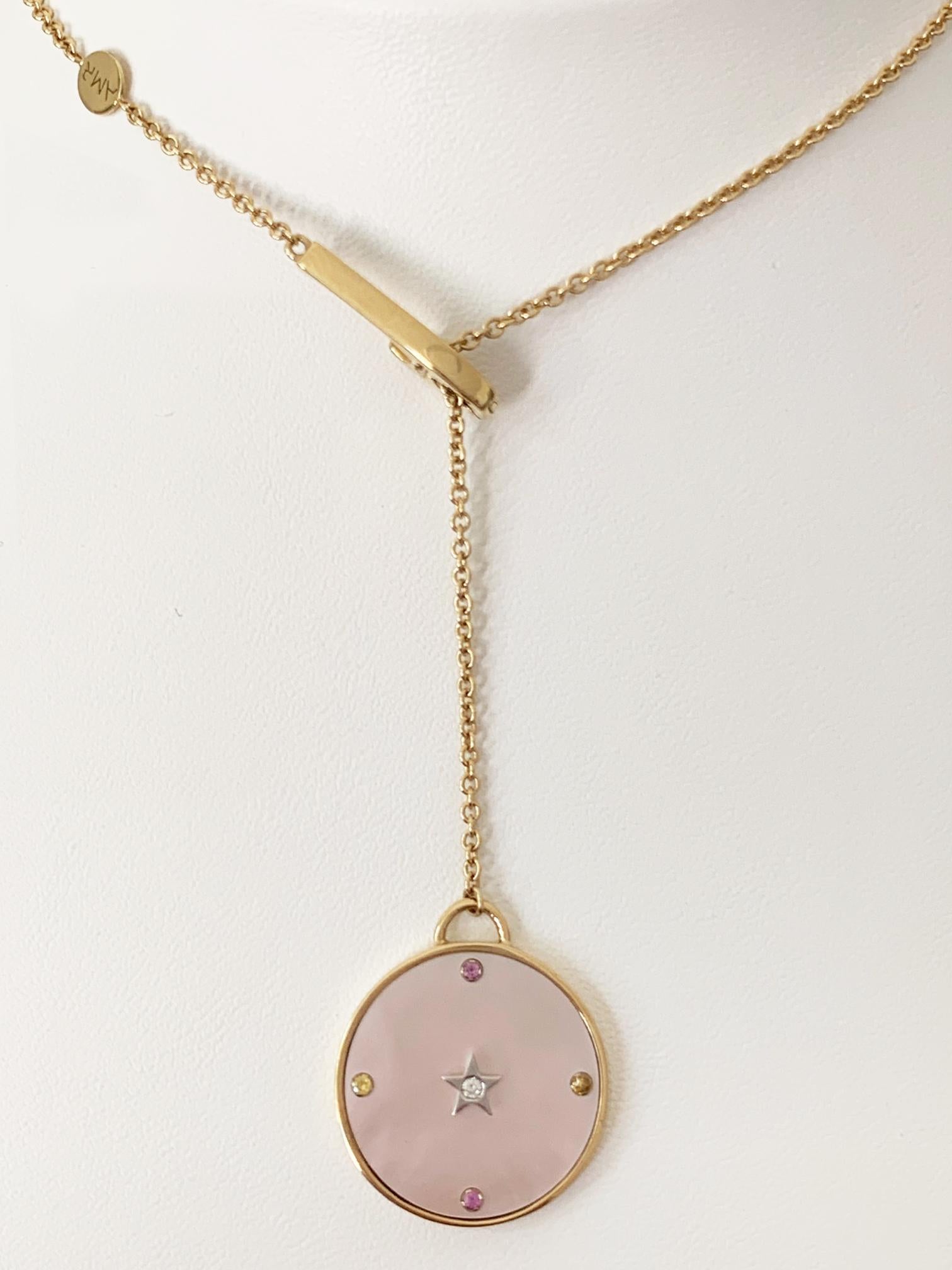 Contemporary 18 Karat Yellow Gold, Pale Pink Mother of Pearl, Diamonds, Sapphires, Pendant For Sale