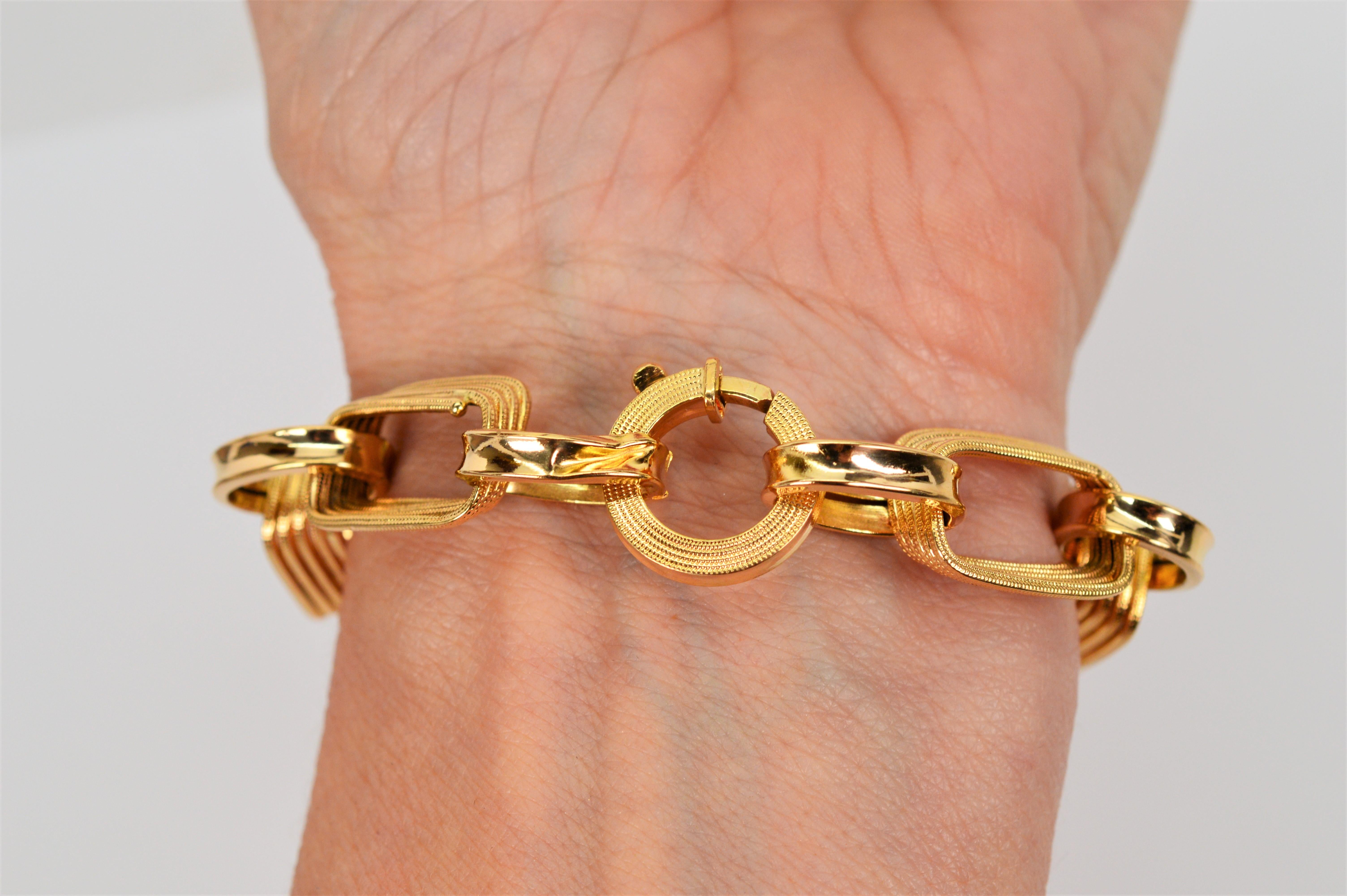 18 Karat Yellow Gold Paper Clip Link Chain Bracelet For Sale 6