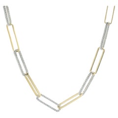 18 Karat Yellow Gold Paperclip Link Necklace with Pave Diamond Stations