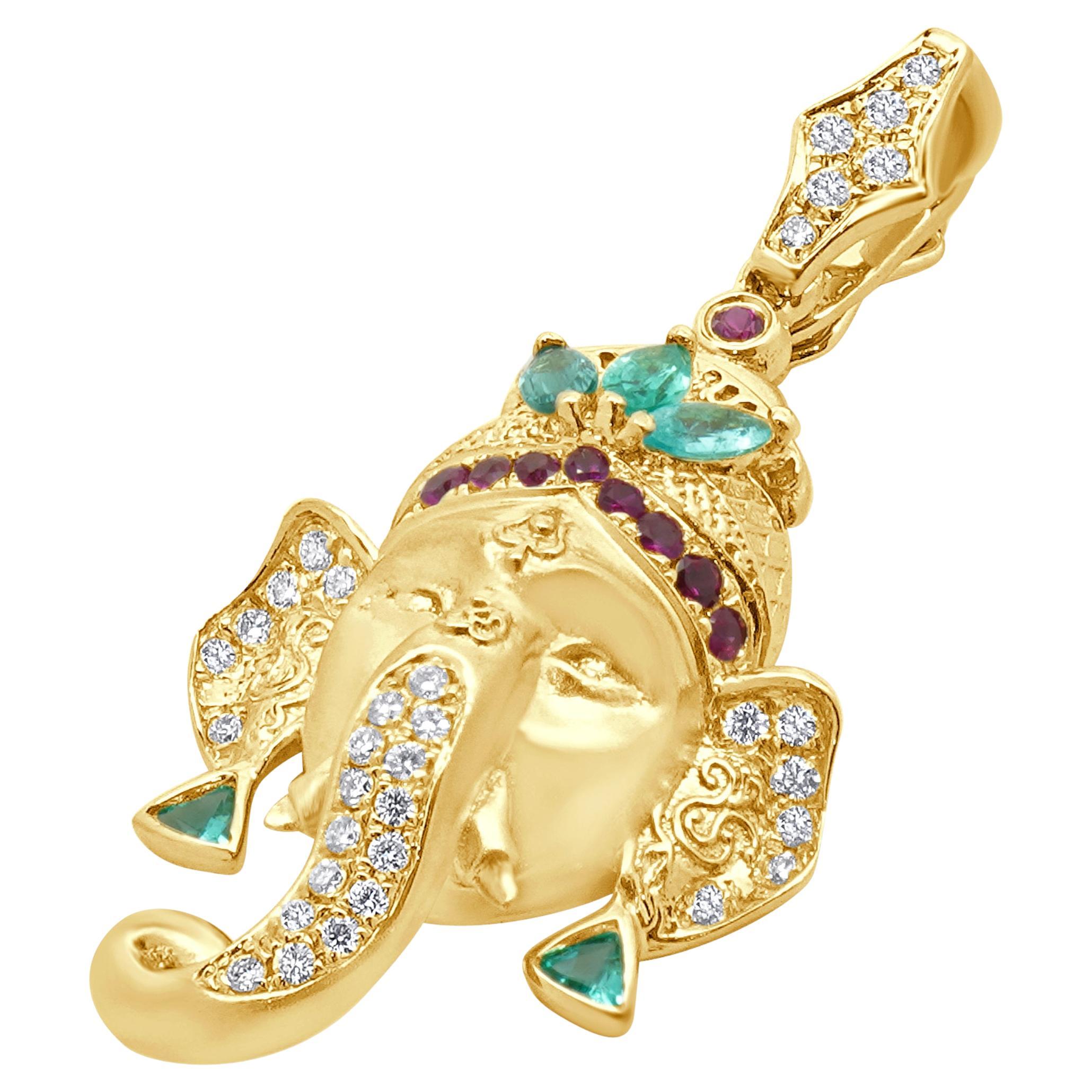 Anello in oro giallo 18 carati con tormalina Paraiba, diamanti e rubini in vendita