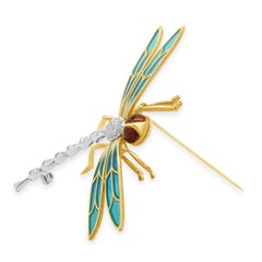 18 Karat Yellow Gold Pave Diamond and Enamel Dragonfly Pin