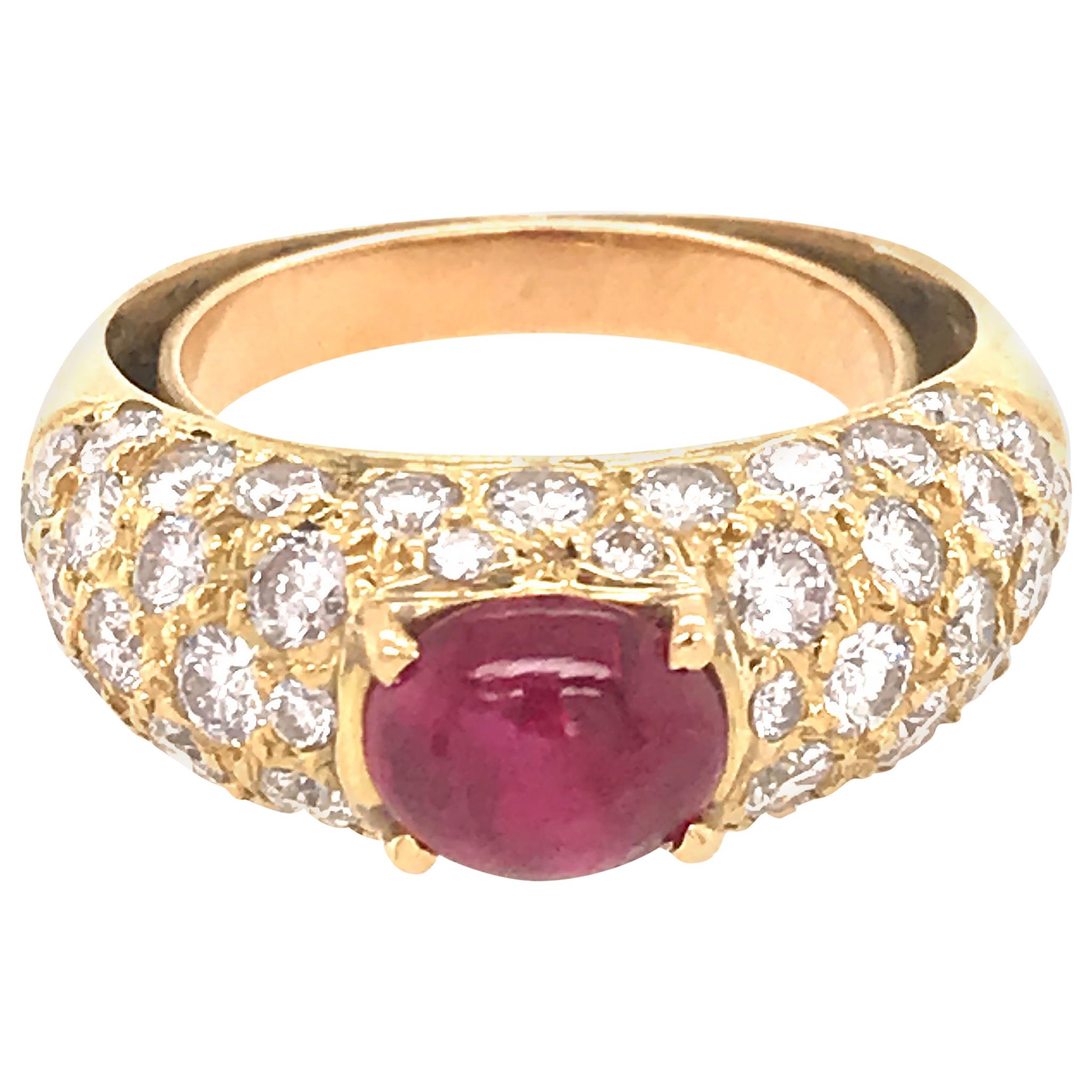 18 Karat Yellow Gold Pave Diamond and Ruby Cabochon Ring For Sale