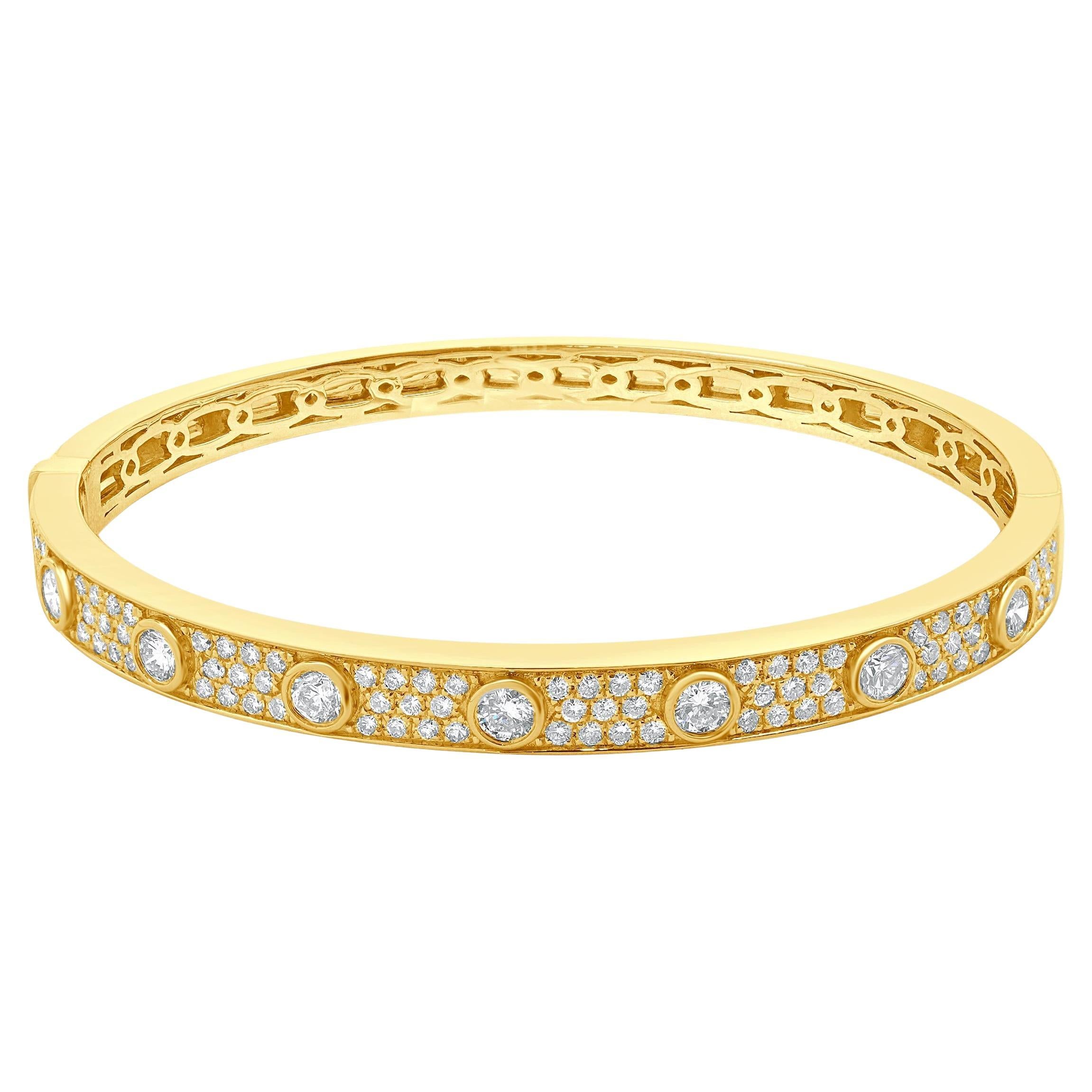 18k Yellow Gold Pave Diamond Bangle Bracelet with Bezel Set Diamond Stations