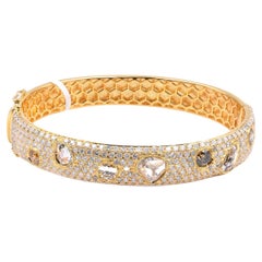 18 Karat Yellow Gold Pave Diamond Bangle Bracelet with Sliced Diamond Stations
