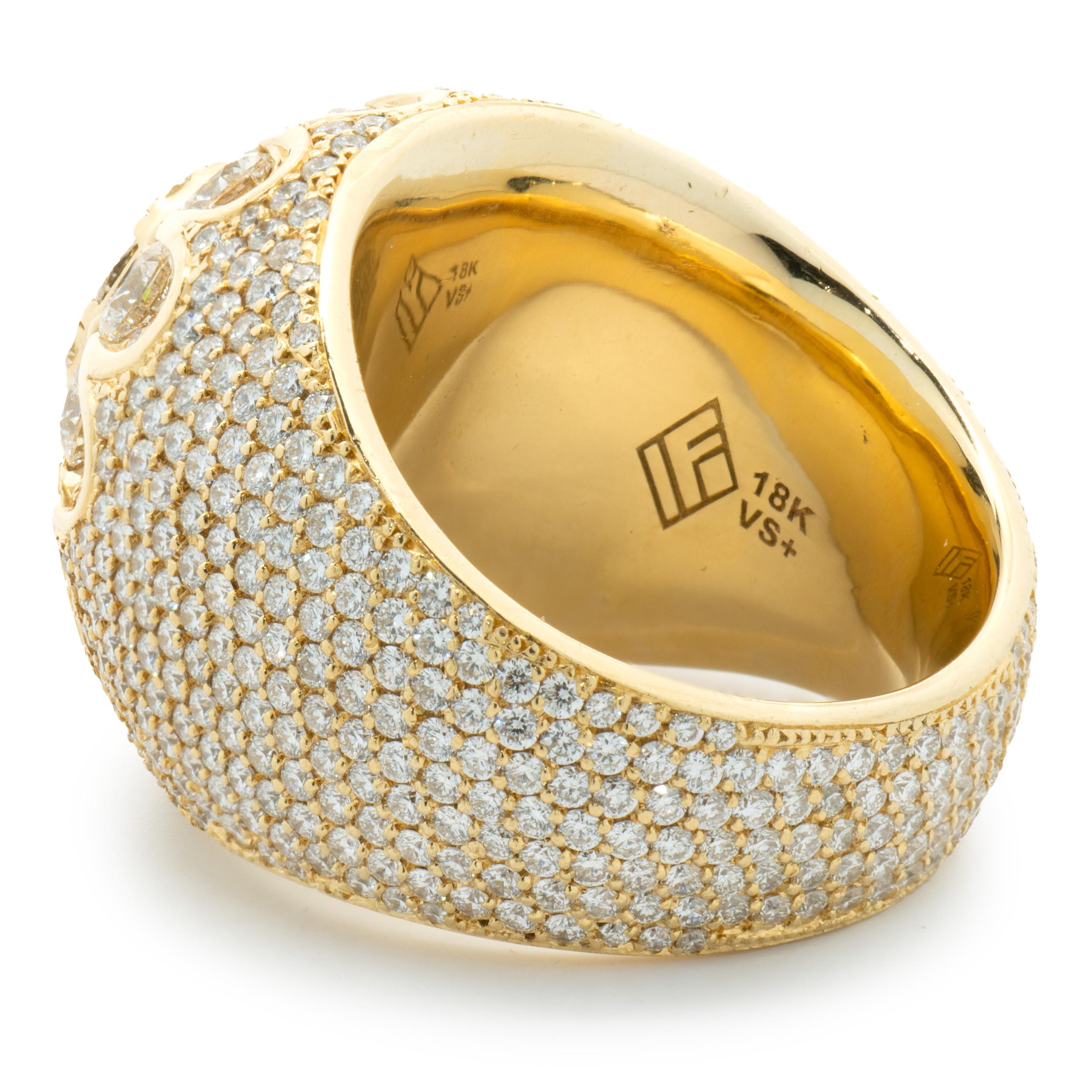 Round Cut 18 Karat Yellow Gold Pave Diamond Cluster Dome Ring For Sale