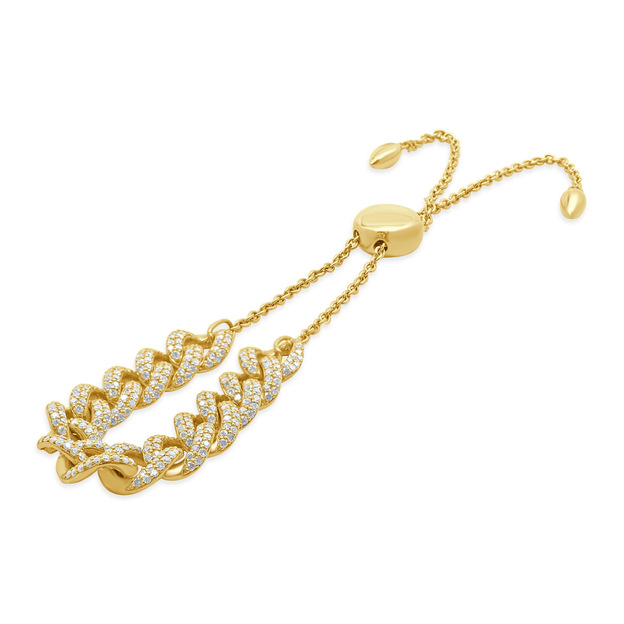 Taille ronde Bracelet Bolo cubain en or jaune 18 carats avec diamants pavés en vente