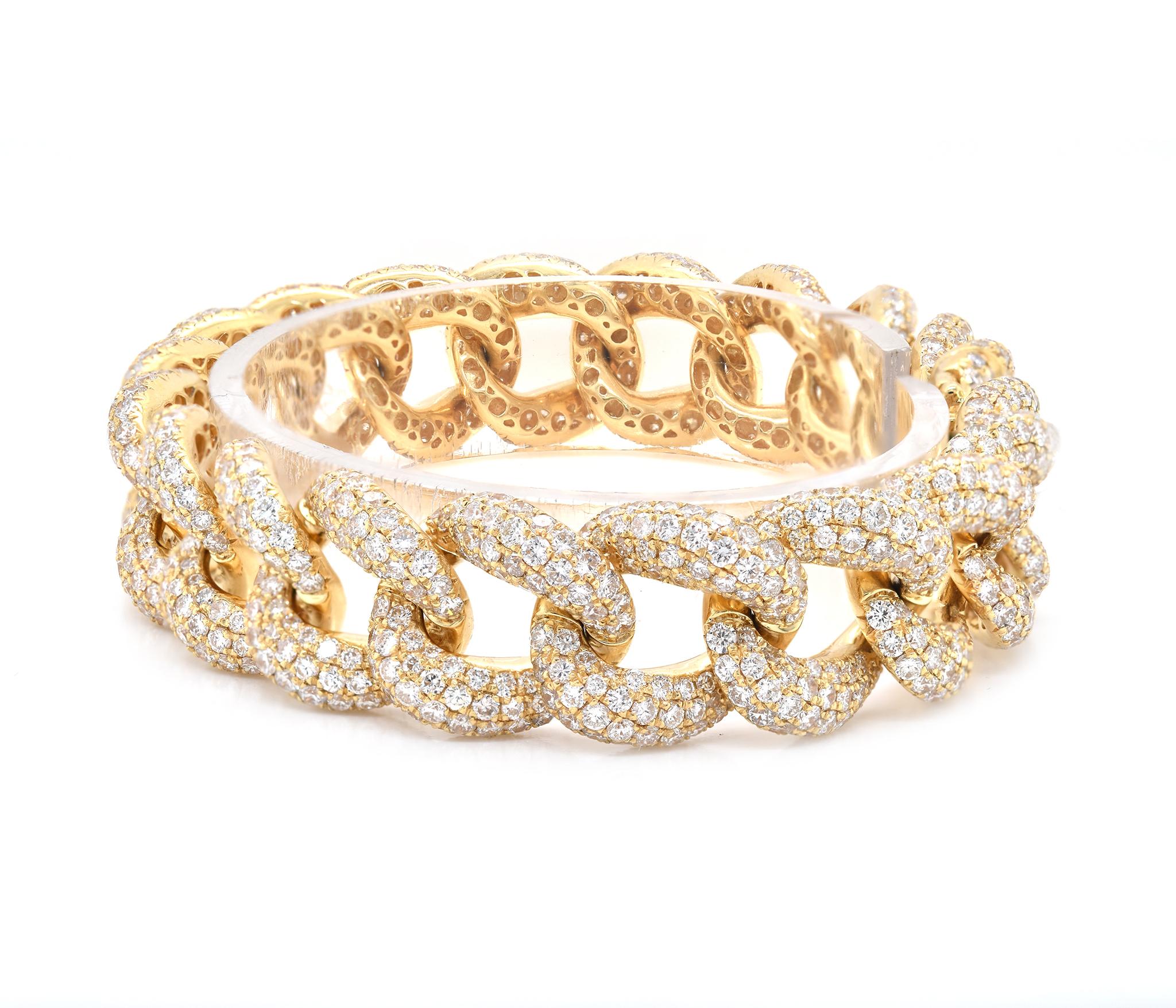 Designer: custom-designed 
Material: 18K yellow gold
Diamonds: 1292 round brilliant cut = 20.50cttw
Color: G
Clarity: VS2
Dimensions: bracelet will fit a 7-inch wrist 
Weight:  48.14 grams
