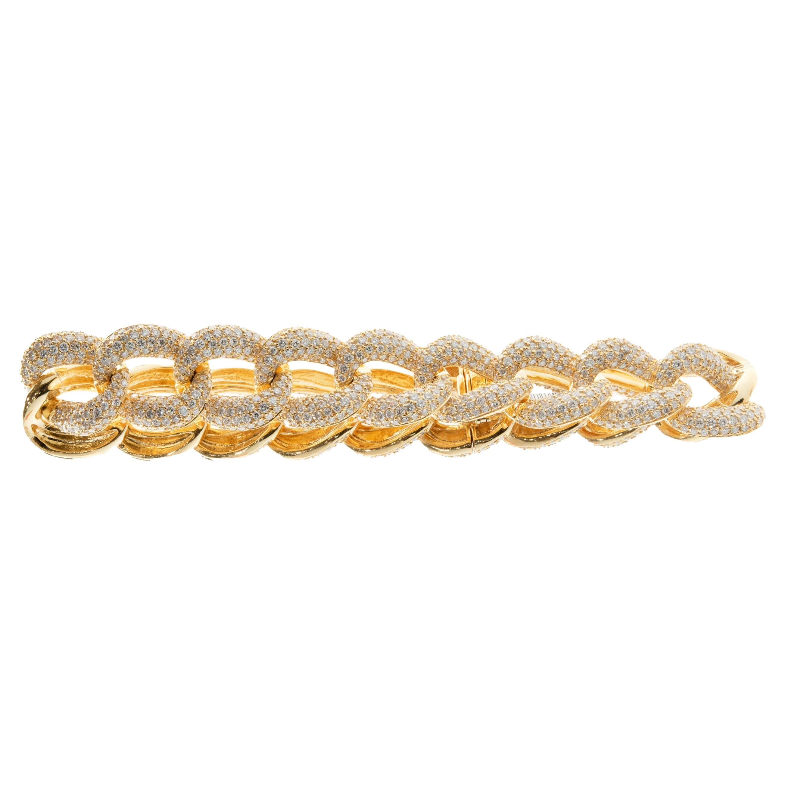 18 Karat Yellow Gold Pave Diamond Cuban Link Bracelet For Sale