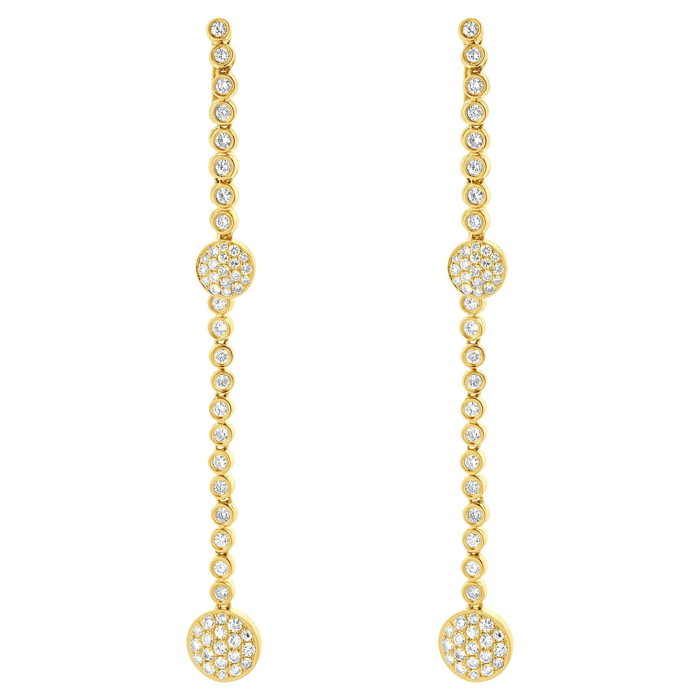 18 Karat Yellow Gold Pave Diamond Disc Drop Earrings