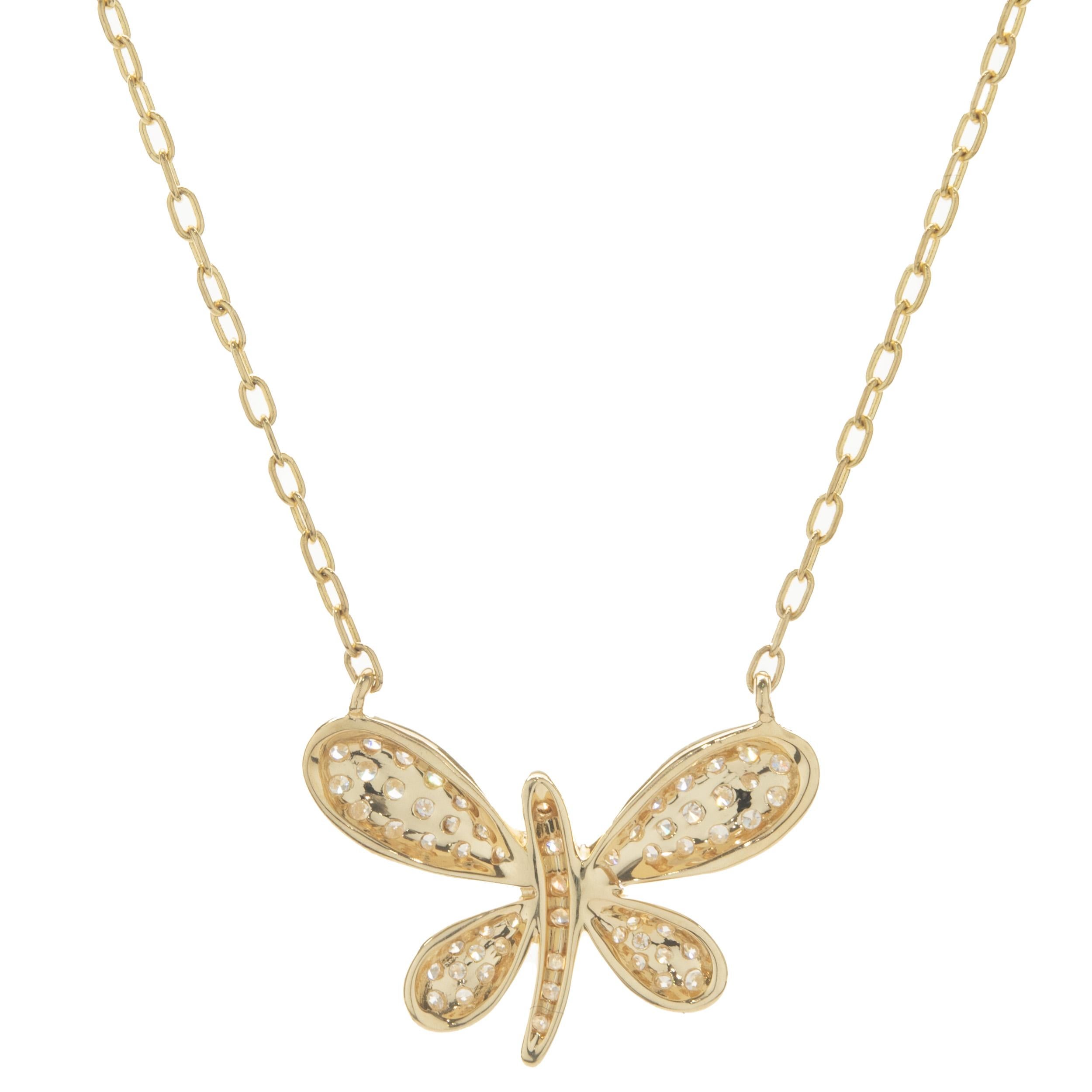 Taglio rotondo Collana Dragonfly in oro giallo 18 carati con pavé di diamanti
