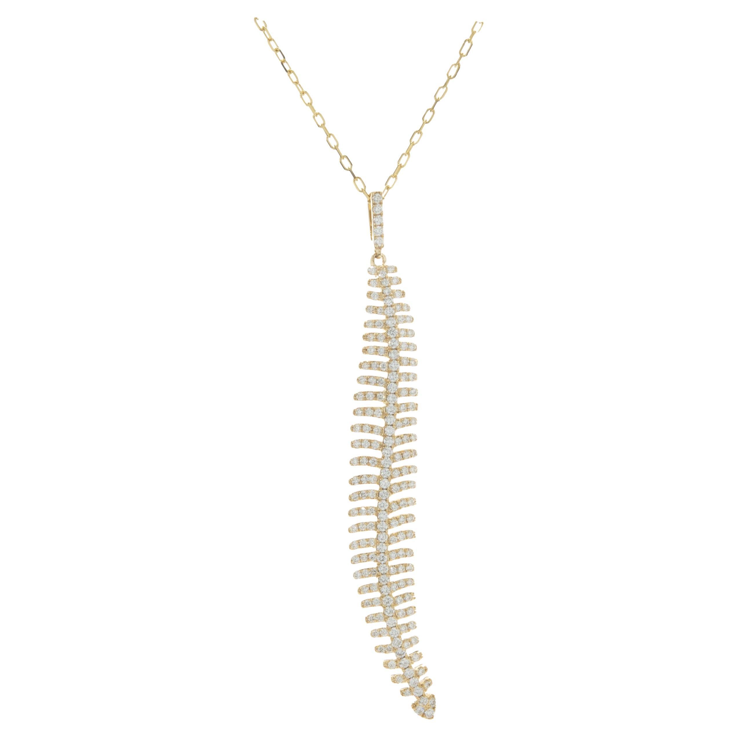 18 Karat Yellow Gold Pave Diamond Feather Drop Necklace For Sale