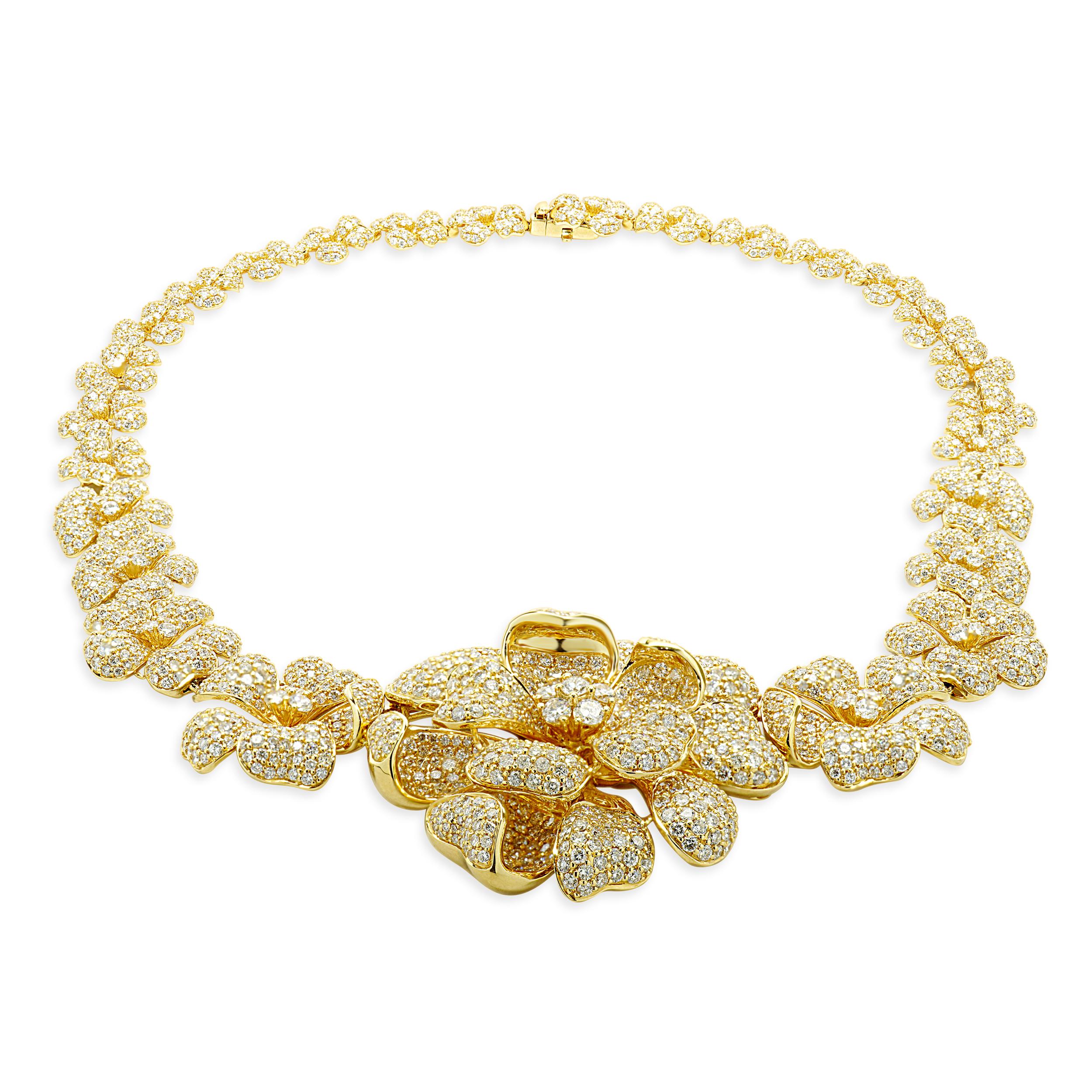 Designer: custom
Material: 18K yellow gold
Diamonds: 2982 round brilliant cut = 35.65cttw
Color: G / H
Clarity: SI1-2
Dimensions: necklace measures 16.5-inches in length
Weight: 97.62 grams