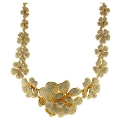 18 Karat Yellow Gold Pave Diamond Flower Link Collar Necklace