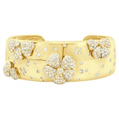 18 Karat Yellow Gold Pave Diamond Flower Station Cuff Bracelet