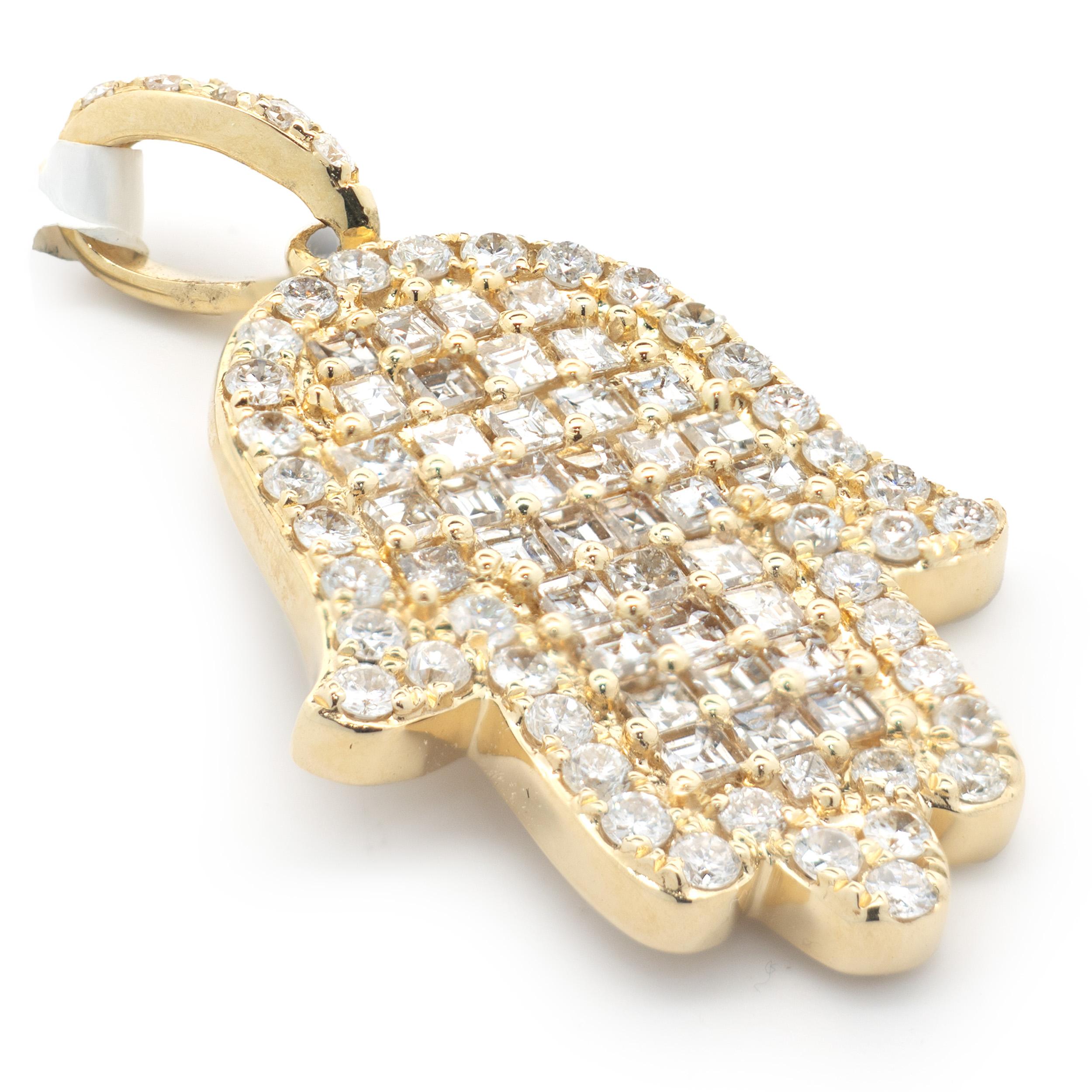 Asscher Cut 18 Karat Yellow Gold Pave Diamond Hamsa Pendant For Sale