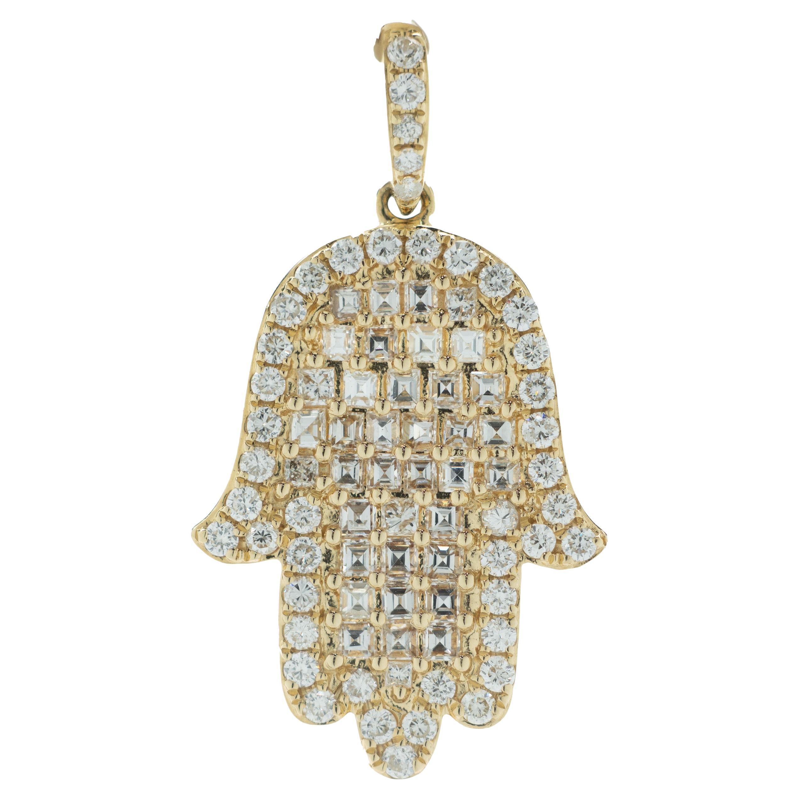 18 Karat Yellow Gold Pave Diamond Hamsa Pendant For Sale