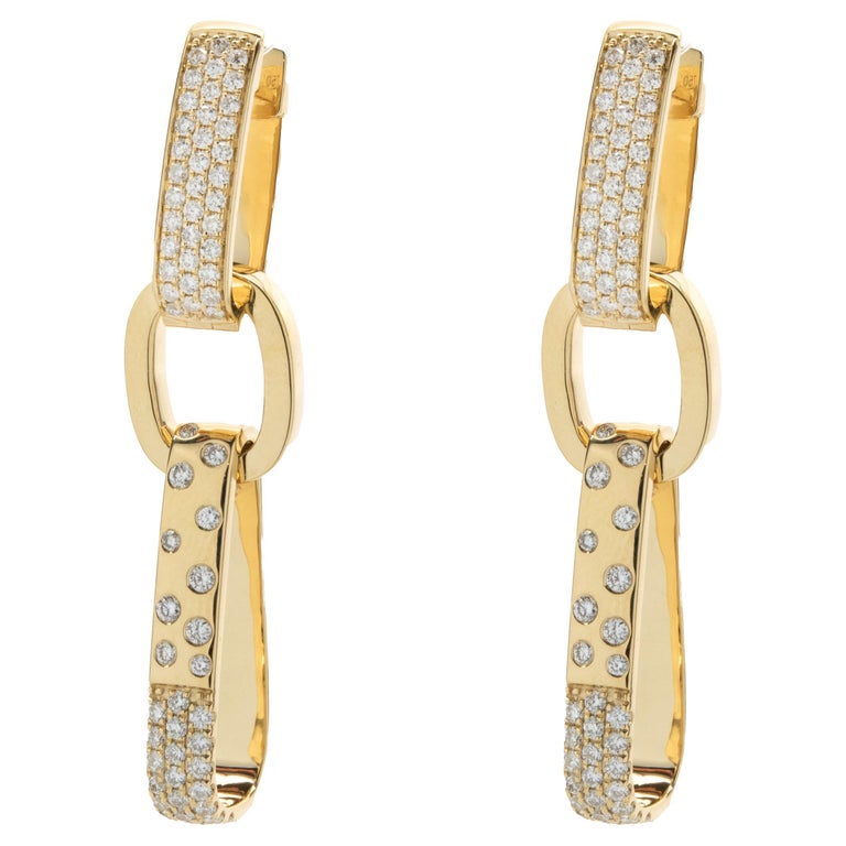 18 Karat Yellow Gold Pave Diamond Industrial Geometric Drop Earrings