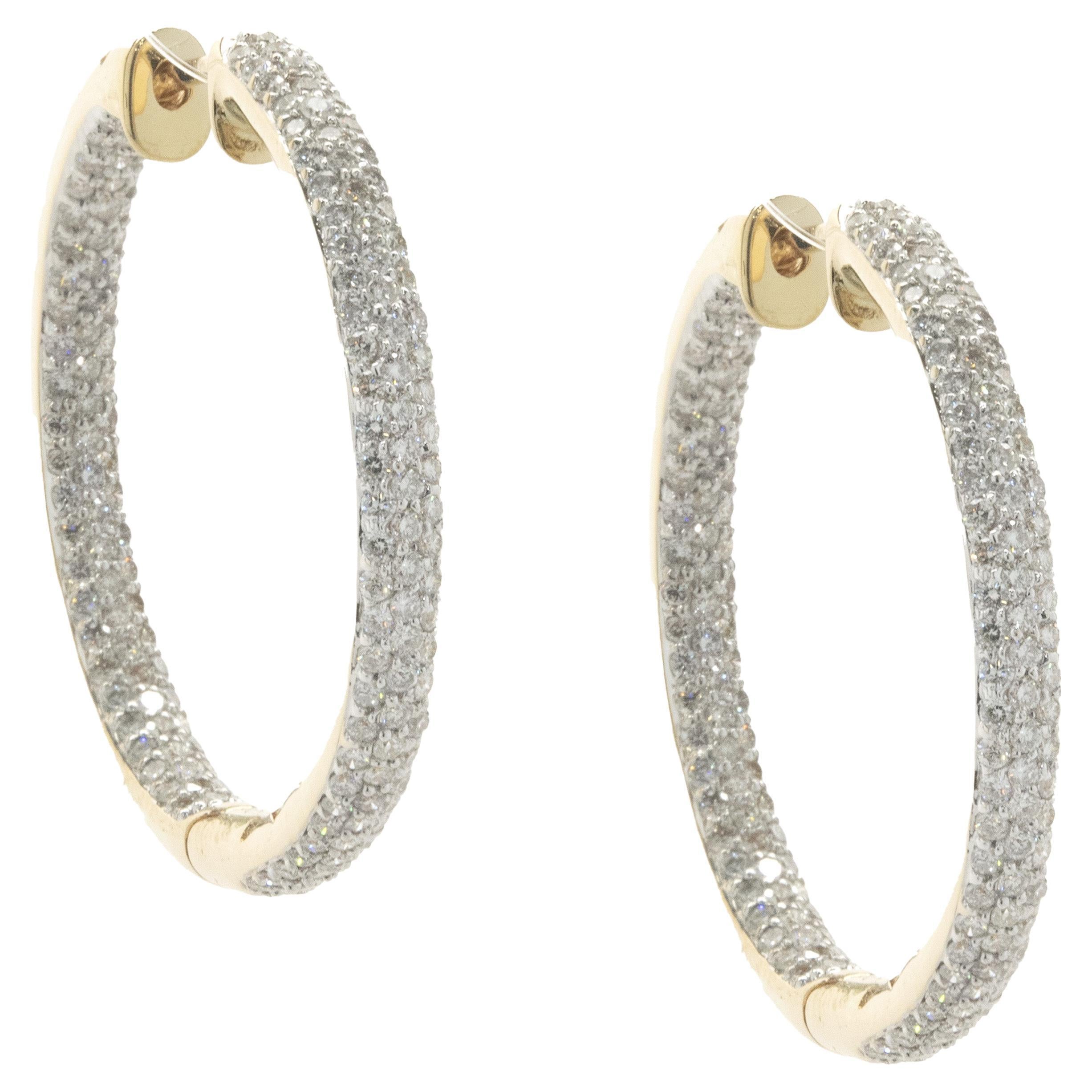 18 Karat Yellow Gold Pave Diamond Inside Outside Hoop Earrings For Sale