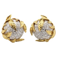 18 Karat Yellow Gold Pave Diamond Leaf Design Button Earrings