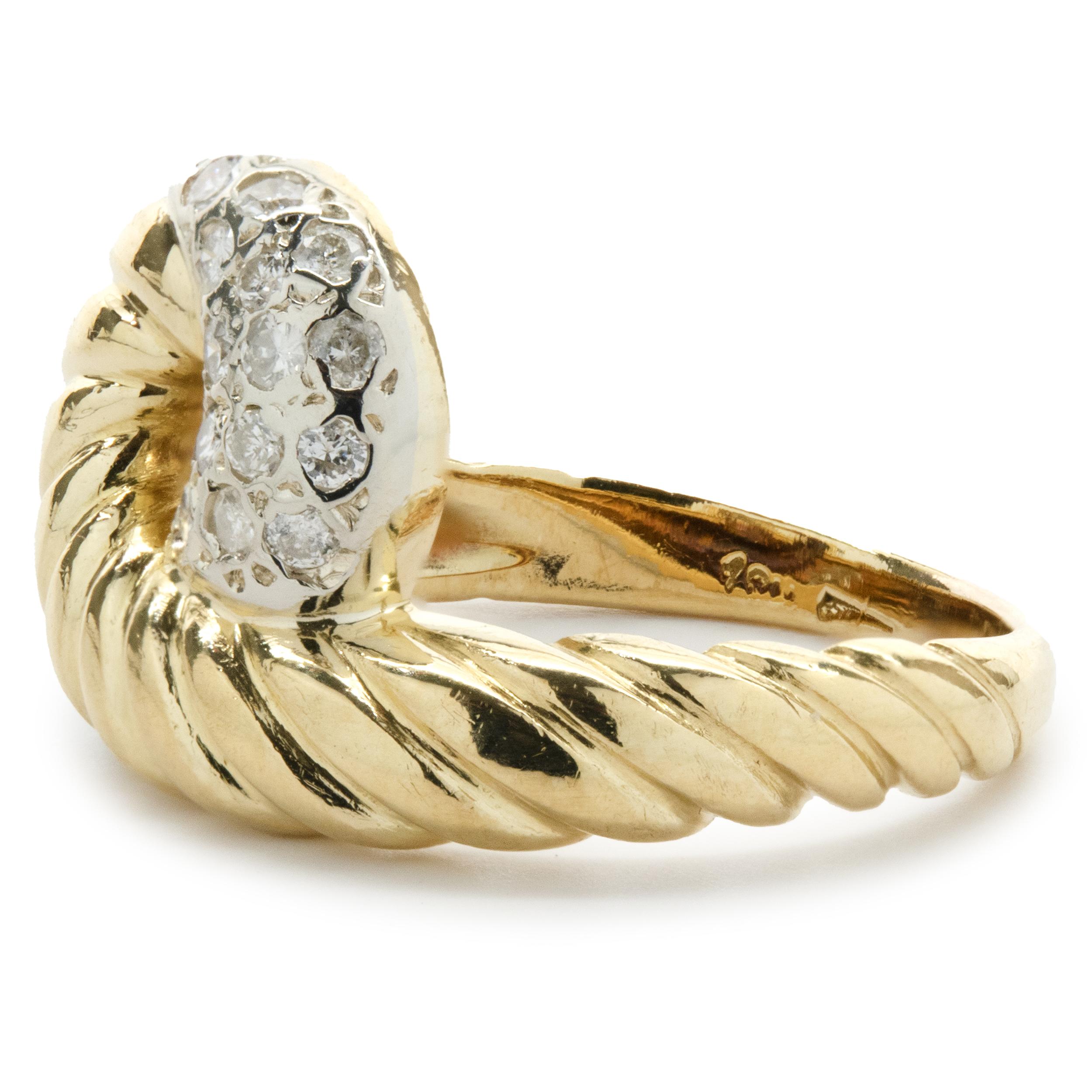 Material: 18K yellow gold
Diamonds: 20 round brilliant= .20cttw
Color: G	
Clarity: SI2
Ring Size: 4 (allow up to two additional business days for sizing requests)
Weight: 4.40 grams
