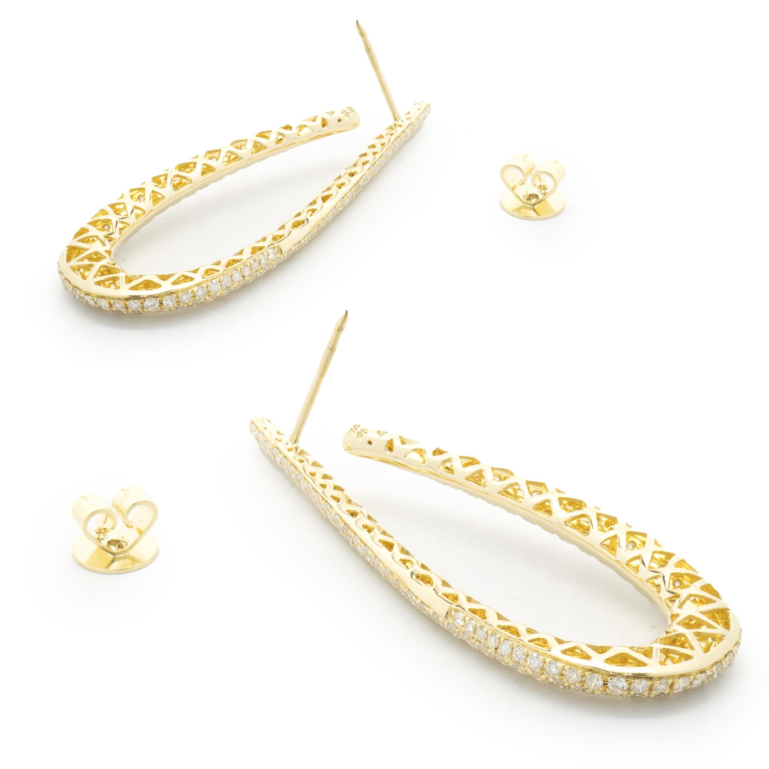 Round Cut 18 Karat Yellow Gold Pave Diamond Loop Through Drop Earrings For Sale