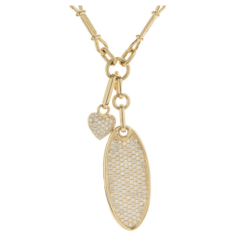 18 Karat Yellow Gold Pave Diamond Oval and Heart Charm Drop Necklace For Sale at 1stDibs