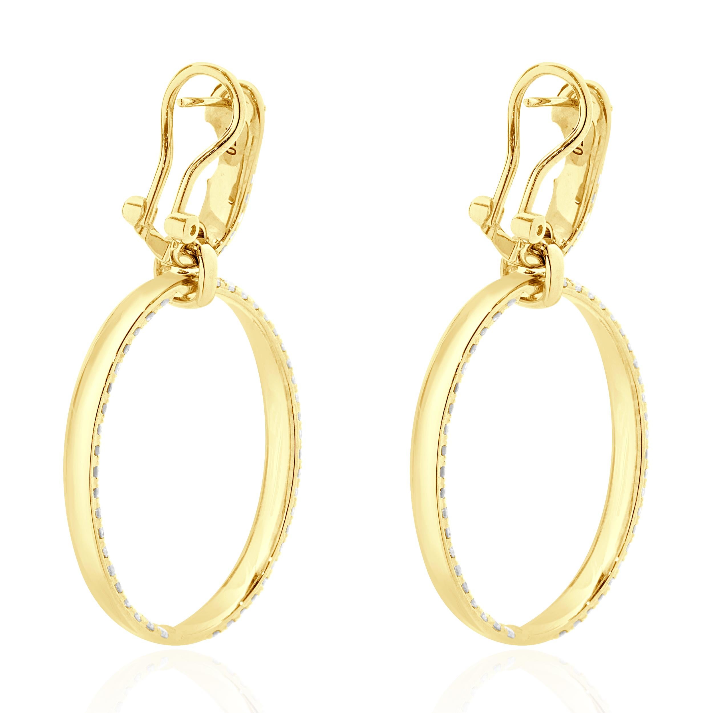 Round Cut 18 Karat Yellow Gold Pave Diamond Oval Inside Outside Hoop Earrings For Sale