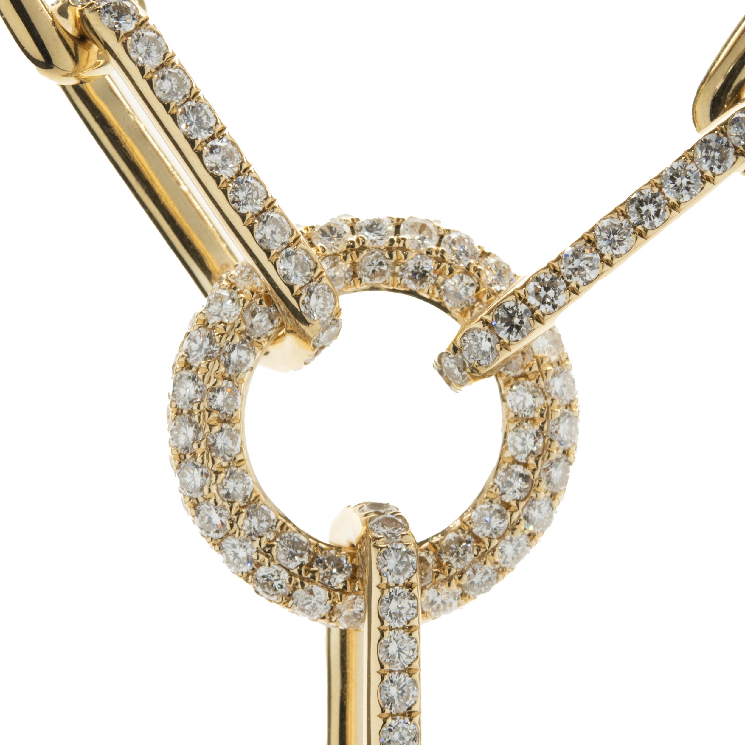 Designer: custom design
Material: 18K yellow gold 
Diamond: 336 round brilliant cut = 5.75cttw
Color: G 
Clarity: VS2
Dimensions: necklace measures 18-inches in length
Weight: 63.38 grams
