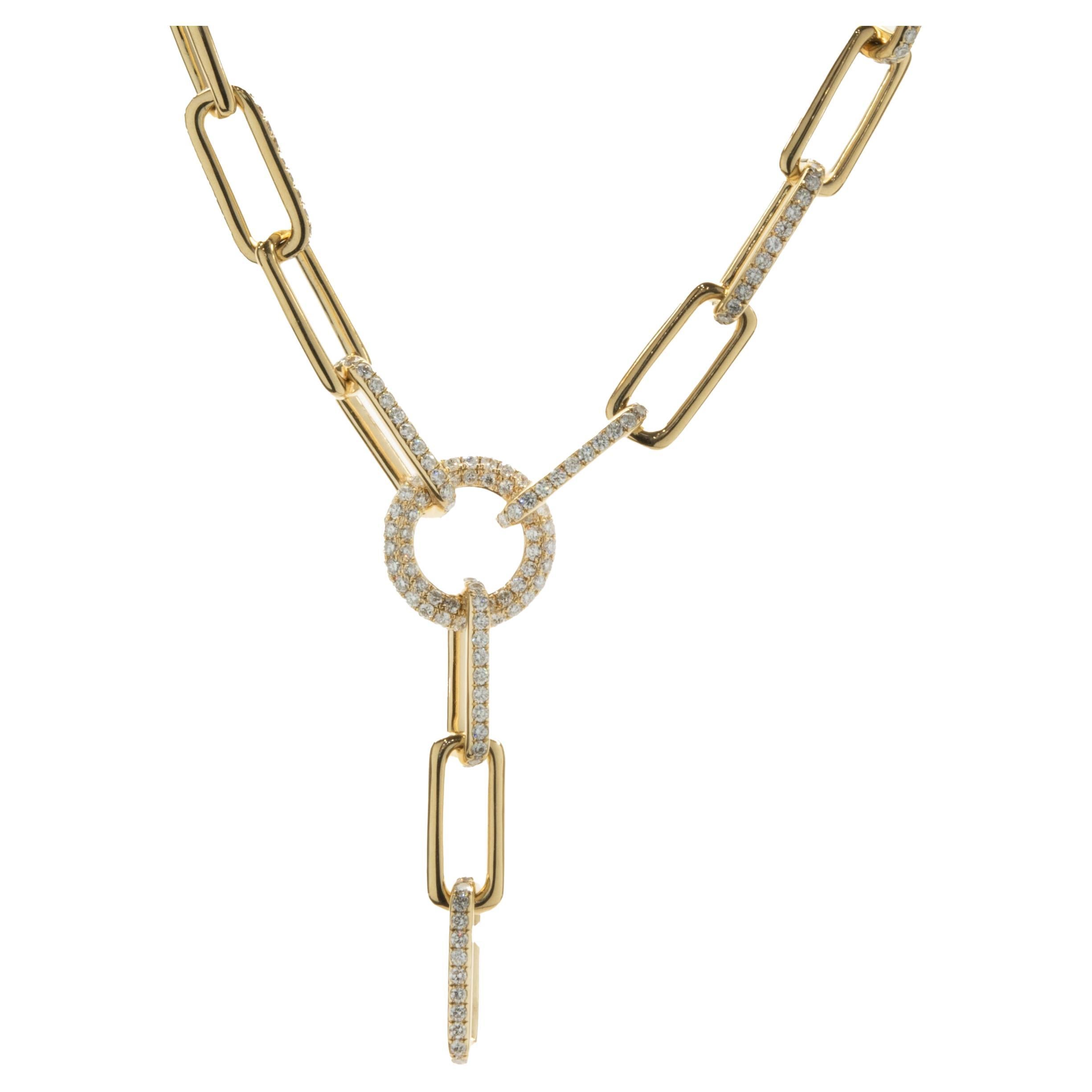 18 Karat Yellow Gold Pave Diamond Paperclip Link Station Necklace with Lariat