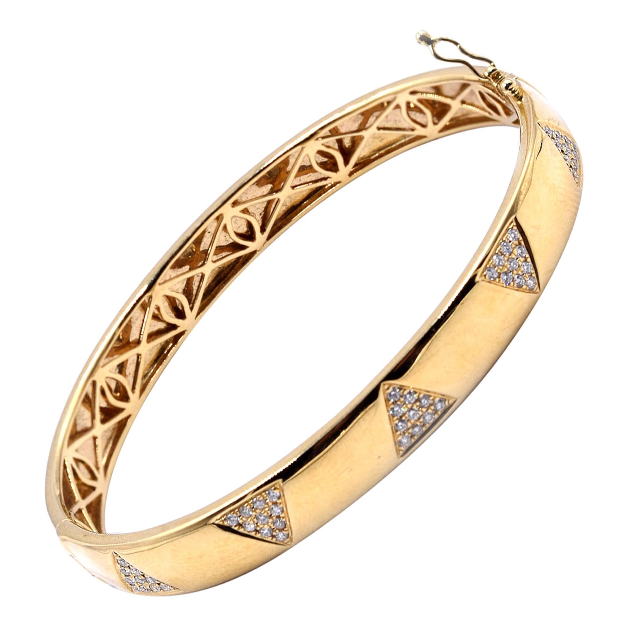 18 Karat Yellow Gold Pave Diamond Triangle Station Bangle Bracelet For Sale
