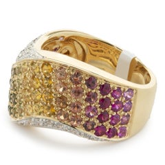 18 Karat Yellow Gold Pave Rainbow Sapphire and Diamond Wave Band