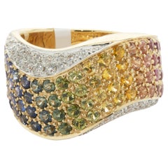 18 Karat Yellow Gold Pave Rainbow Sapphire and Diamond Wave Band