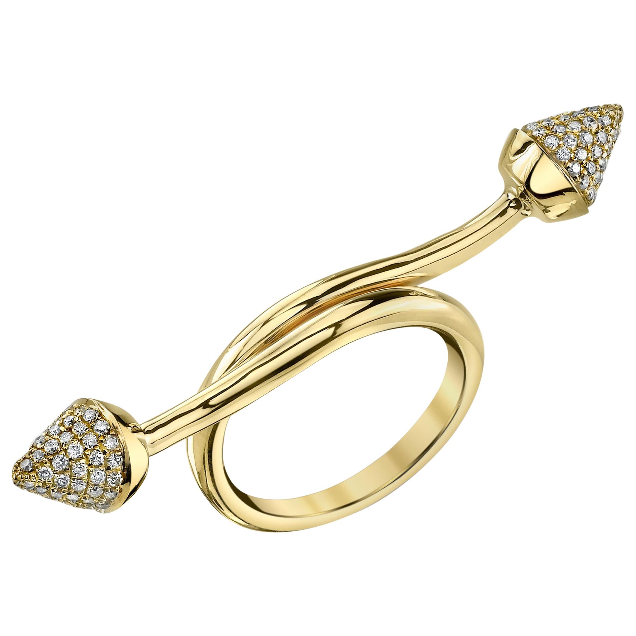 18 Karat Yellow Gold, Pave White Diamond Wrapped Spike Ring For Sale