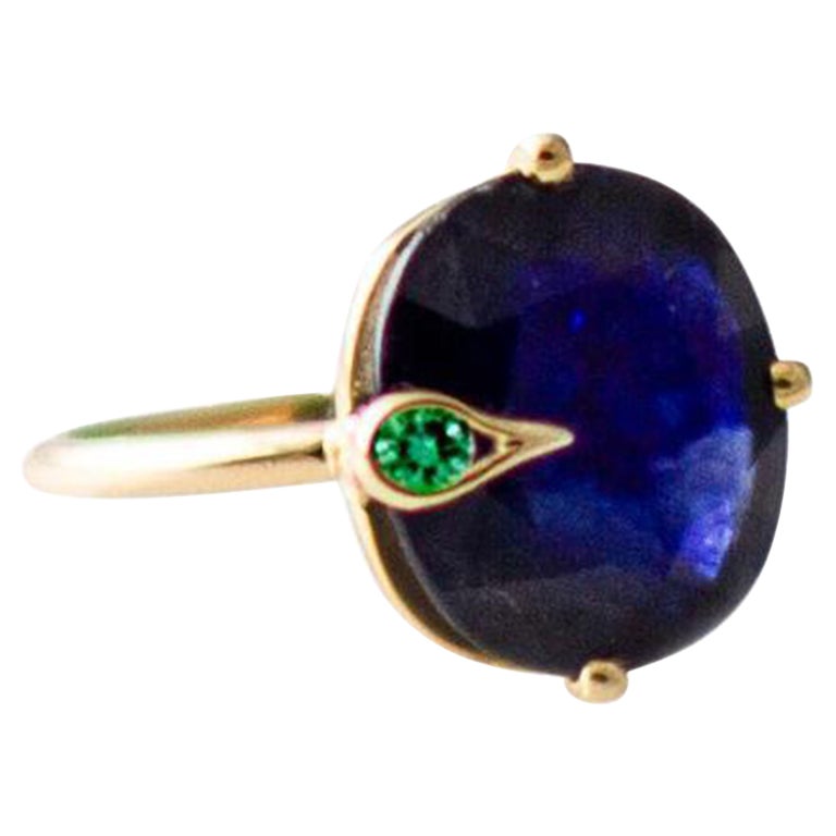 Yellow Gold Peacock Pinky Ring with Two Carats Sapphire and Emerald For Sale