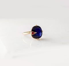 Yellow Gold Peacock Cocktail Ring with Three Carats Blue Sapphire and Ruby