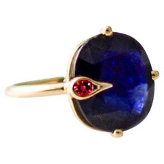 18 Karat Yellow Gold Peacock Ring with Three Carats Blue Sapphire and Ruby