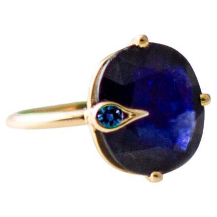 Eighteen Karat Yellow Gold Peacock Ring with Three Carats Blue Sapphire