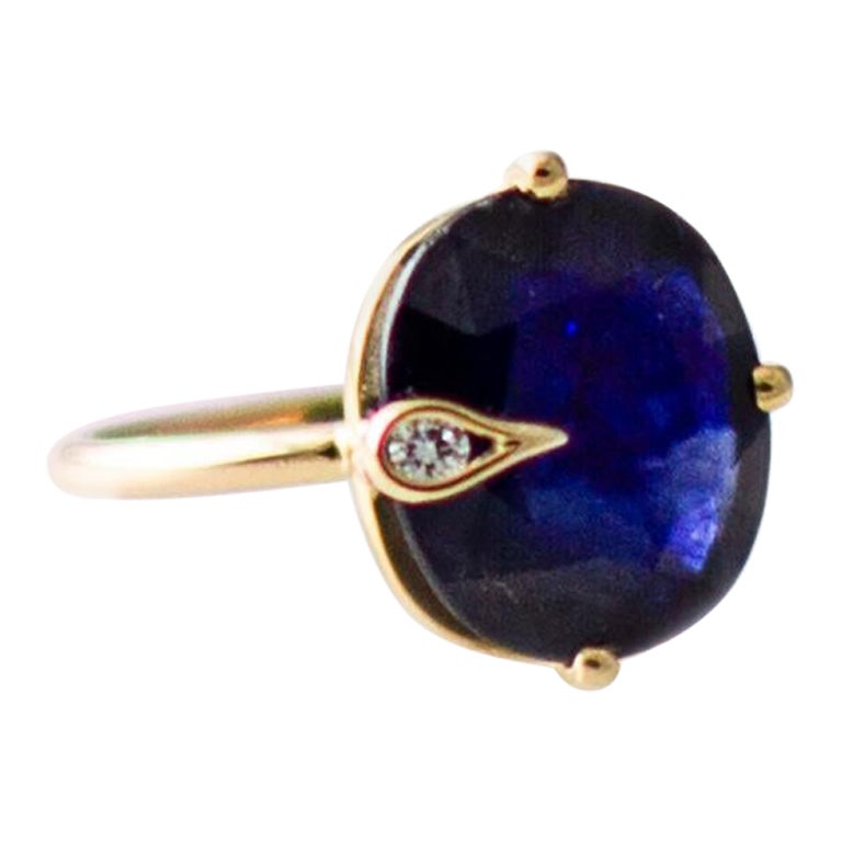 Eighteen Karat Yellow Gold Peacock Ring with Four Carats Sapphire and Diamond For Sale