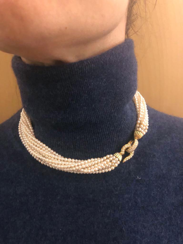 18 Karat Yellow Gold Pearl and Diamond Necklace In Good Condition For Sale In Palm Springs, CA