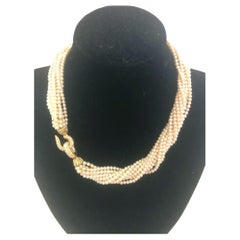 Retro 18 Karat Yellow Gold Pearl and Diamond Necklace