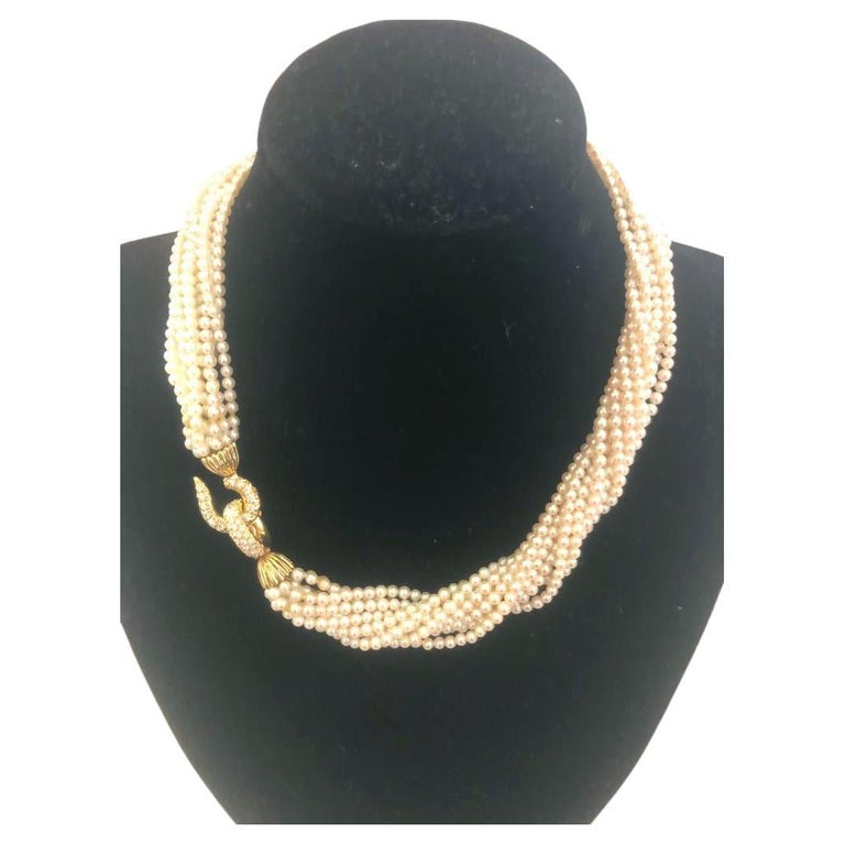 1970s Vintage Italian 18kt Gold Multi-Strand Pearl and Diamond 