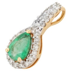 18 Karat Yellow Gold Pear Cut Emerald Diamond Pendant 