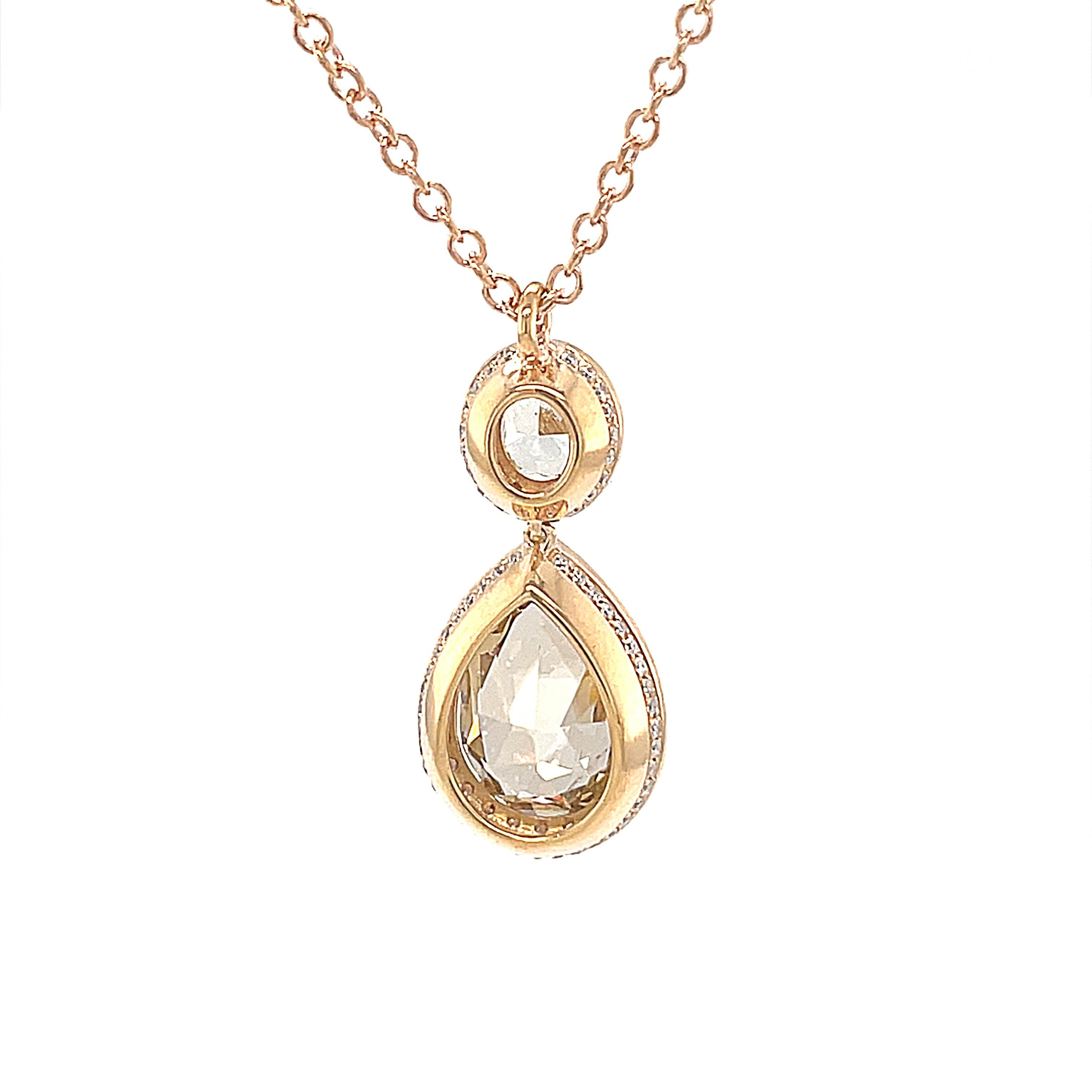 18 Karat Yellow Gold Pear Oval Diamond Pendant For Sale 1