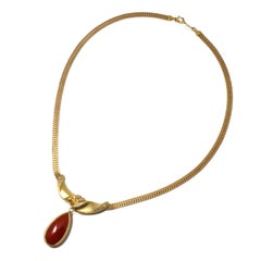 18 Karat Yellow Gold Pear Shape Red Coral Pendant with Diamonds