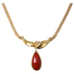 18 Karat Yellow Gold Pear Shape Red Coral Pendant with Diamonds