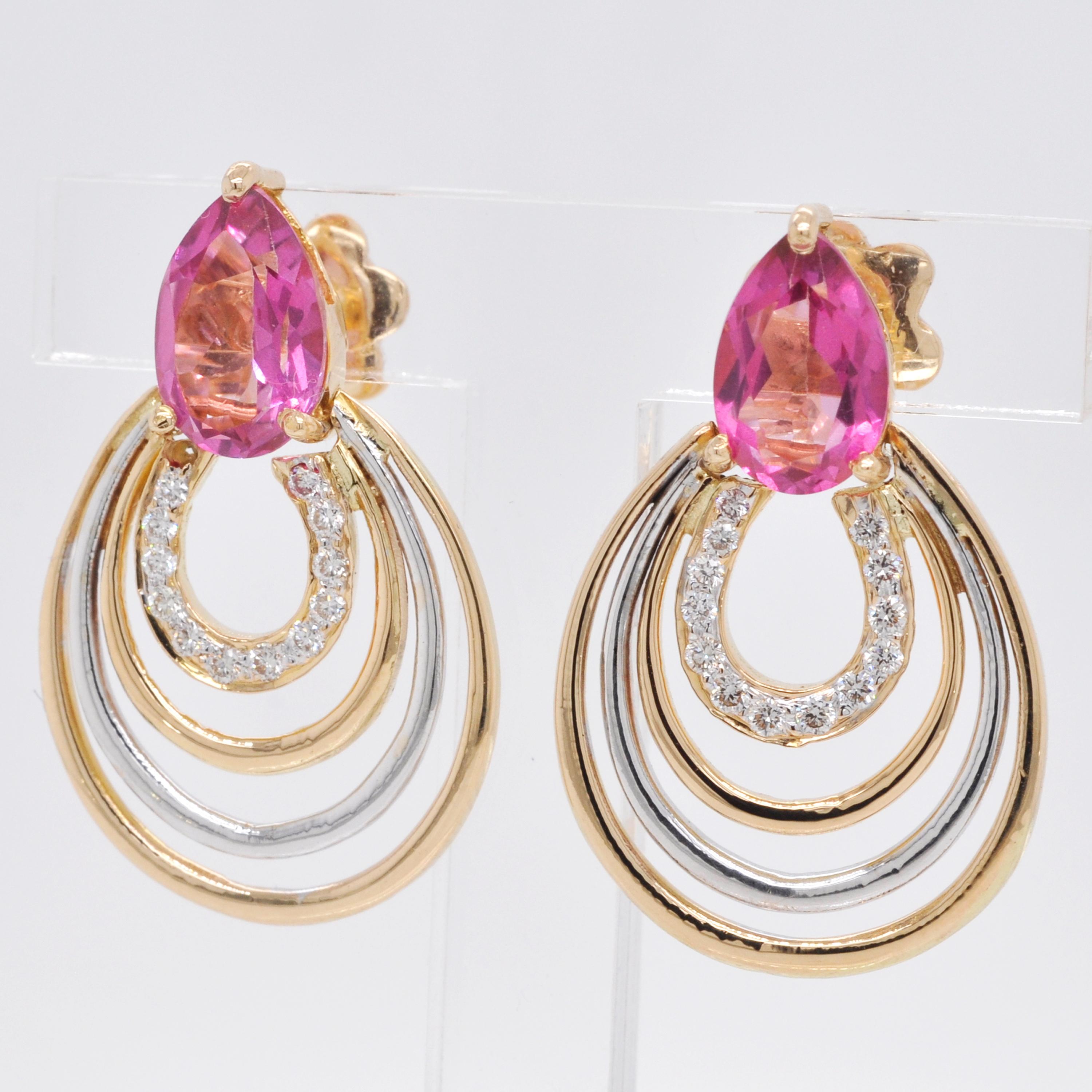 Contemporary 18 Karat Yellow Gold Pear Shaped Pink Tourmaline Diamond Drop Earrings For Sale