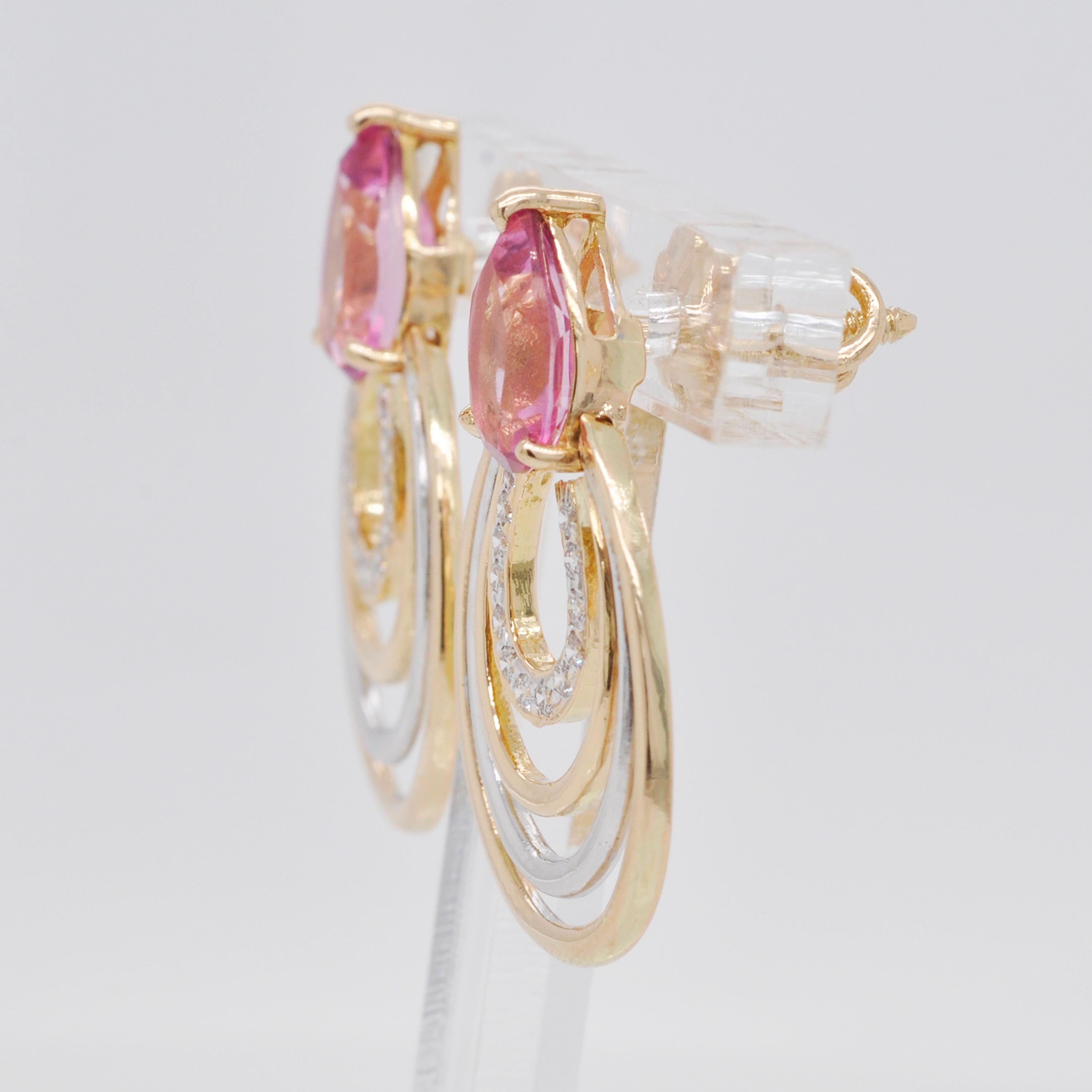 Pear Cut 18 Karat Yellow Gold Pear Shaped Pink Tourmaline Diamond Drop Earrings For Sale