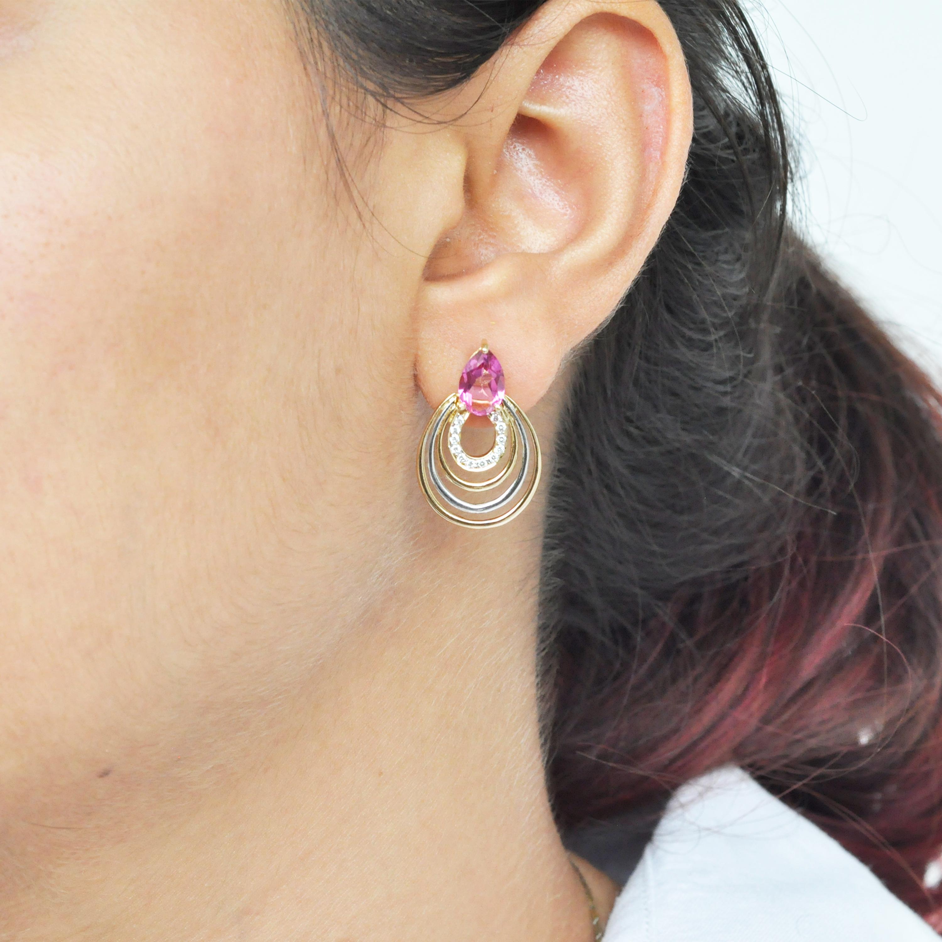 Women's 18 Karat Yellow Gold Pear Shaped Pink Tourmaline Diamond Drop Earrings For Sale