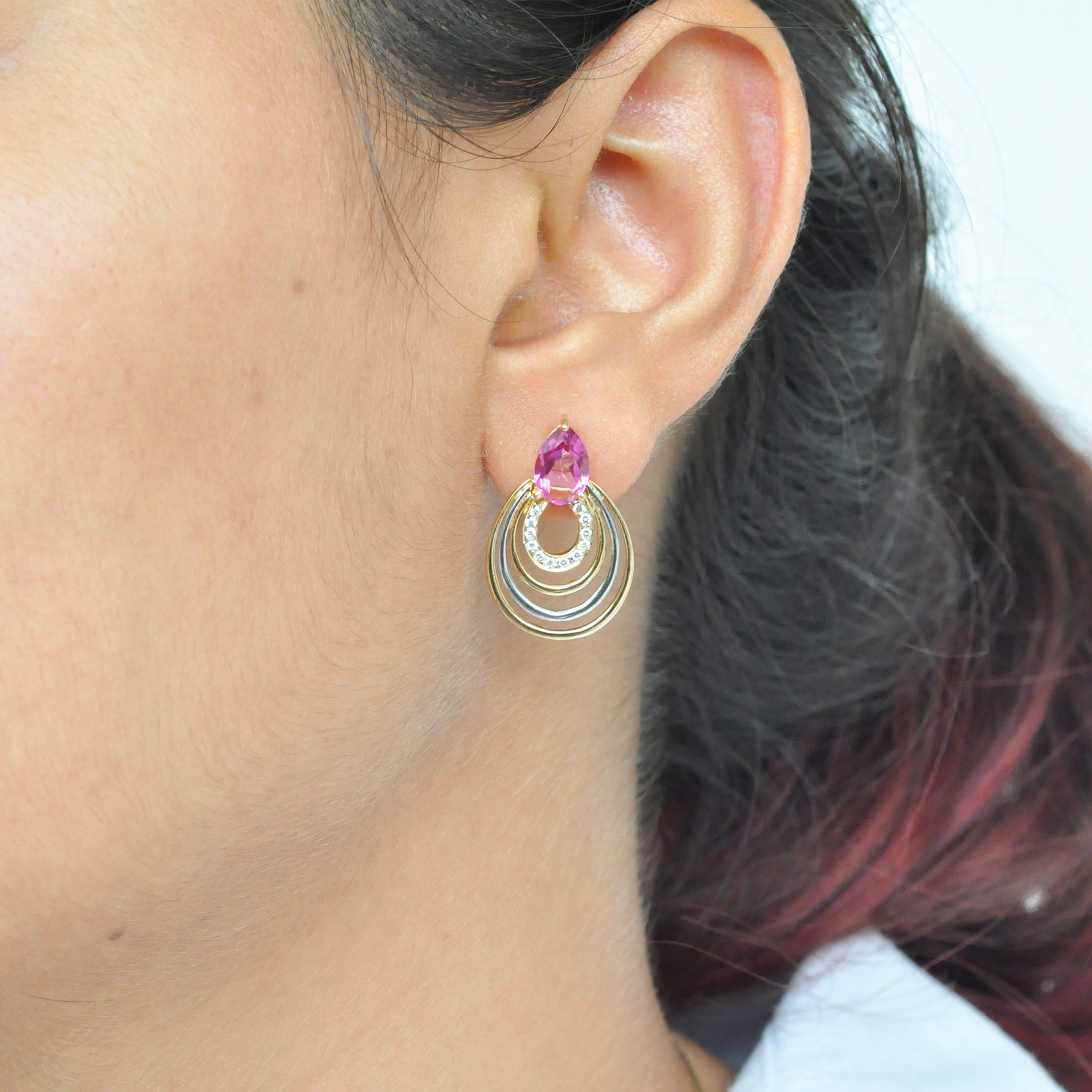 18 Karat Yellow Gold Pear Shaped Pink Tourmaline Diamond Drop Earrings For Sale 1