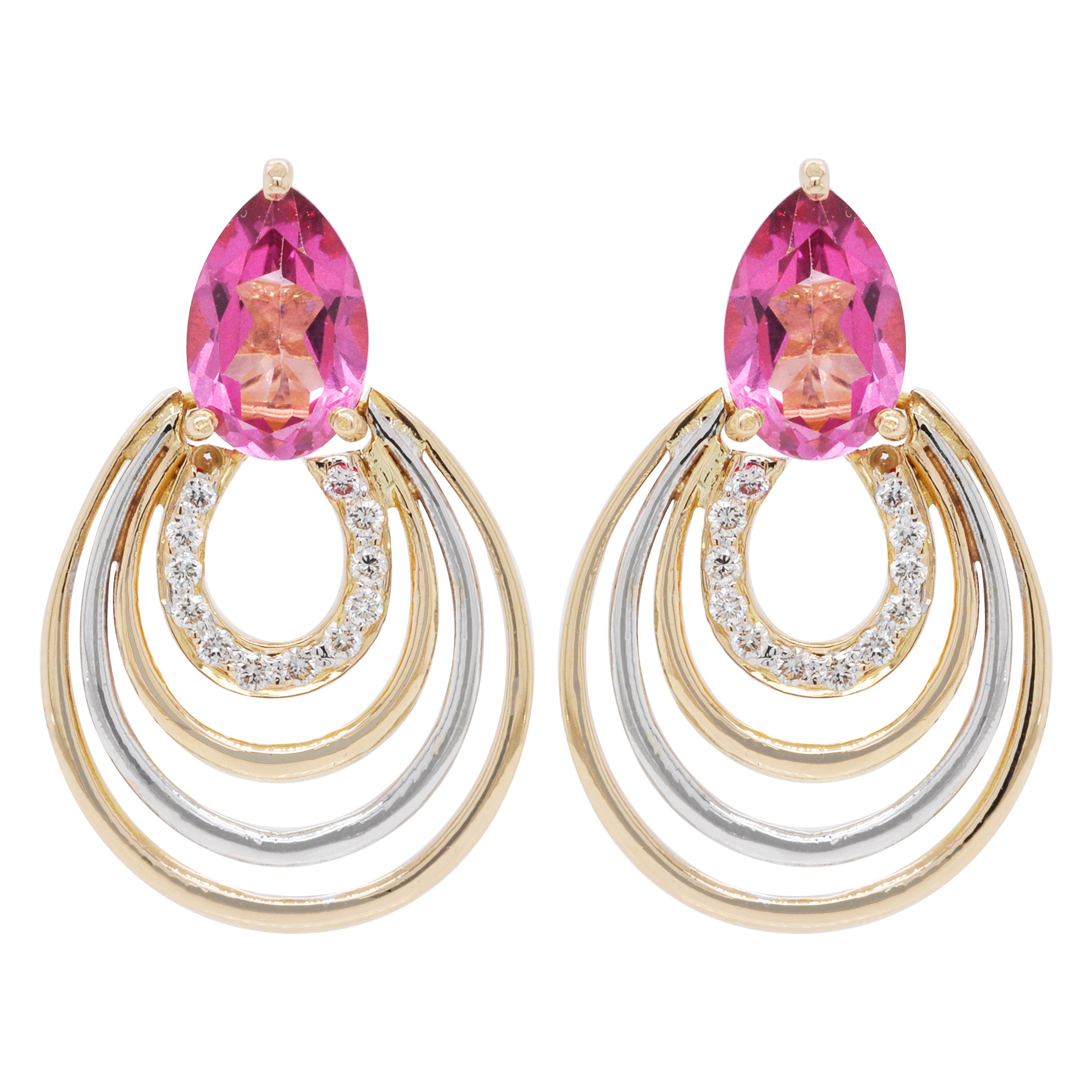 18 Karat Yellow Gold Pear Shaped Pink Tourmaline Diamond Drop Earrings For Sale